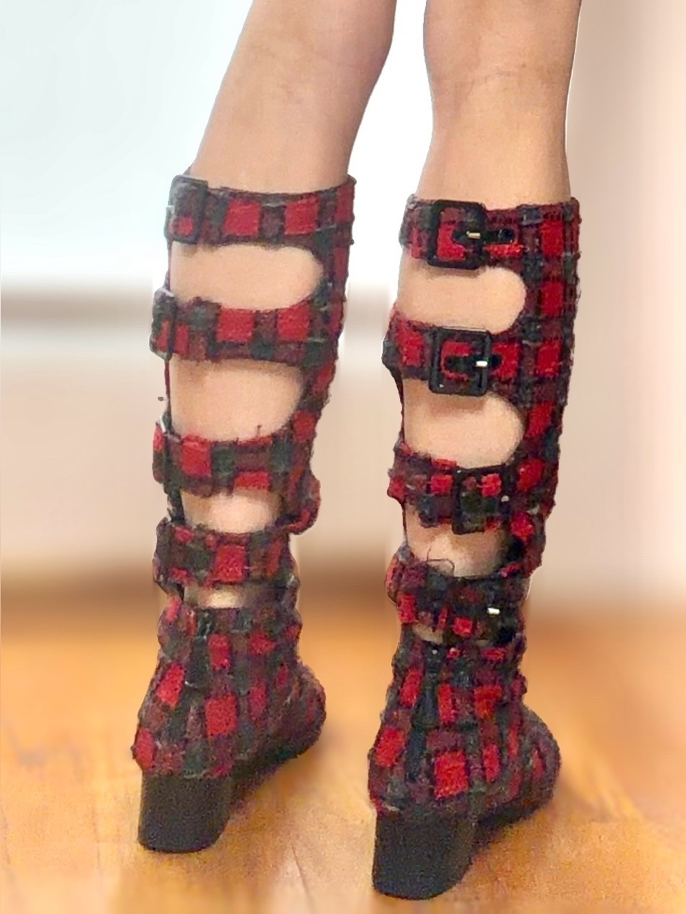 CHANEL Fall07 Karl L. Tweed Cap Toe Buckle Boots, Red/Grey/Blk Plaid, CCs,37,EUC - Picture 3 of 15